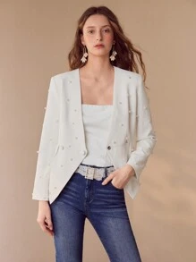 MOTF PREMIUM FAUX PEARL BEADED DOUBLE BUTTON BLAZER,SPRING/SUMMER - White - View 4