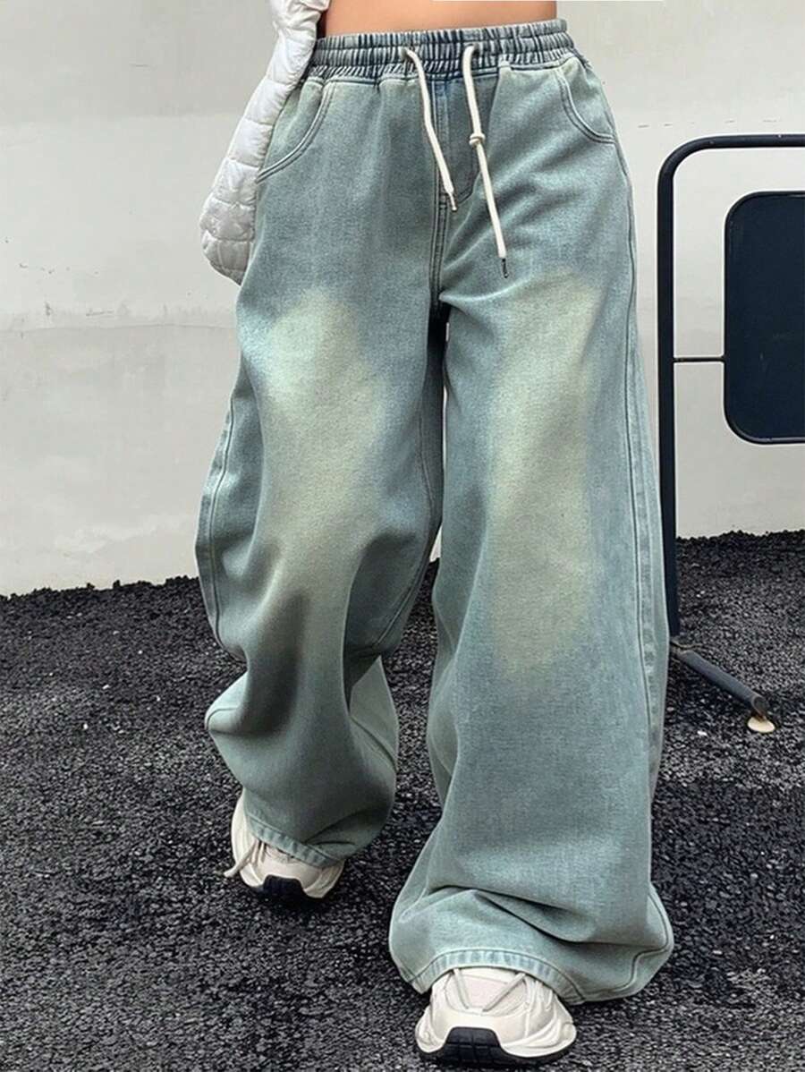 Dazy Petite Plus 大码女式松紧腰抽绳宽松复古破洞阔腿牛仔裤，四季皆宜，宽松牛仔裤