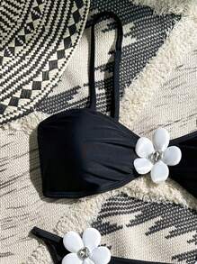 SHEIN Swim Nuevo conjunto de bikini clásico en blanco y negro con estampado floral, atuendo de playa de verano para mujeres - Negro - Ver 5