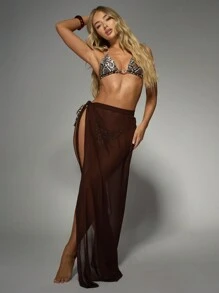 MISSGUIDED Falda tipo pareo de gasa transparente con cintura anudada para usar en la playa - Café integral - Ver 5