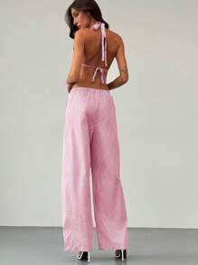 Aloruh 2pcs Set Young Lady Commuter Simple Neck Tie Slit Striped Vest + Low Waist Striped Maxi Pants - Red and White - View 2
