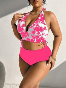 Slaydiva Plus Size Tie-Dye Print Halter Neck Top And Solid Color Triangle Bikini Set Bottom Bikini Set, High Waisted Swimwear Bathing Suit Beach Outfit Summer Vacation,Summer Beach