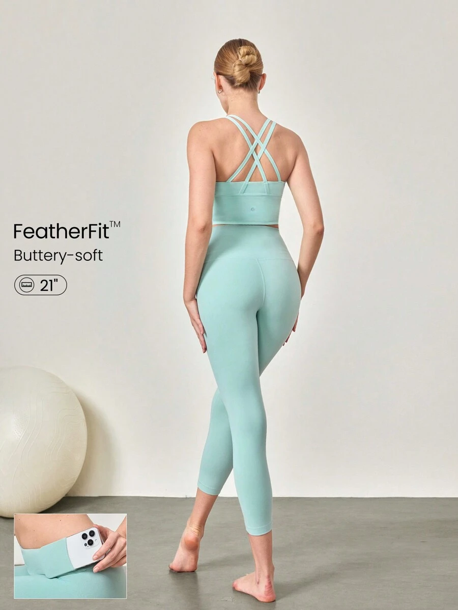 GLOWMODE 21 英寸 FeatherFit™ 七分瑜伽紧身裤 柔软不透视收腹健身紧身裤 腰部有隐藏口袋 - 0.霧綠 - 查看 1