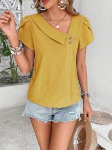 EMERY ROSE 女士夏季纯色不对称荷叶边袖宽松休闲衬衫 - 黃色 - 查看 6