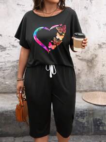 SHEIN LUNE 2pcs/Set Plus Size Heart,Rose Print Black Short Sleeve Top & Elastic Waist Pants,Summer Everyday Smart Casual Boho Lounge Outfits For Women - Black - View 6