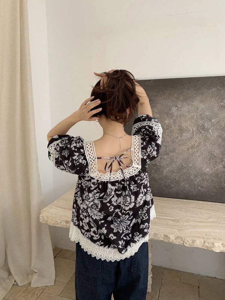 Women Floral Print Lace Patchwork Short Sleeve Tie Front Top,Babydoll Top Graphic Tee