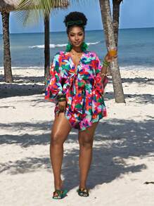 Slaydiva 大码女式假日休闲 V 领宽松印花连体裤（配系带腰带） - 彩色 - 查看 5