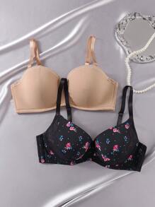 2pcs Plus Size Women Contrast Lace Comfortable Underwire Lingerie Bra Set - Multicolor - View 4