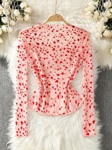 SHEIN Clasi 透明心形植绒网眼女士长袖衬衫，情人节 - 粉色 - 查看 2