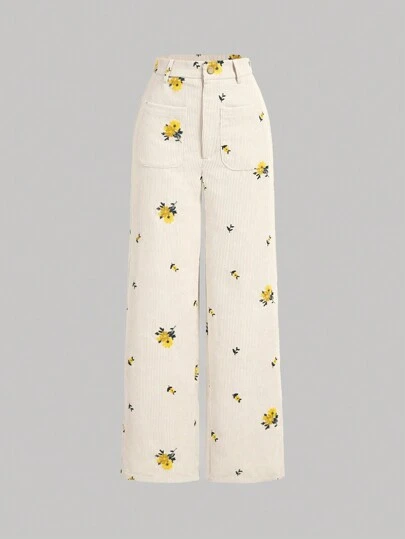 SHEIN MOD Pantalones largos rectos de tela acanalada con bordado vintage marrón para mujer, pantalones cargo para mujer, pantalones de invierno para mujer, pantalones de pana