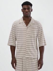 Musero Contrast Striped Revere Collar Shirt Quarter Short Sleeve Drop Shoulder Button Through Co Ord Top Only Spring Summer Essentials - Multicolor - View 4