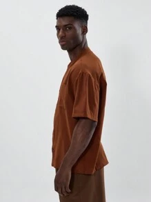 Musero Grandad Collar Button Through Double Patch Front Pocket Short Sleeve Drop Shoulder Top Spring Summer - Brown - View 2