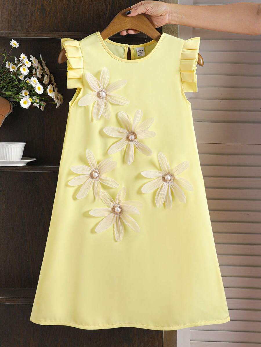 SHEIN 1 pieza Vestido de moda lindo con volantes en estilo floral 3D de color amarillo para niñas preadolescentes, primavera/verano - Albaricoque - Ver 1