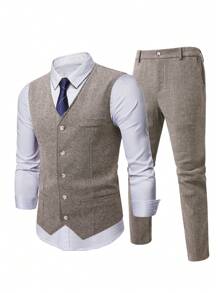 Manfinity Mode Plus Size Men's Simple Fashion Casual Vest And Trousers Set, Daily Wear