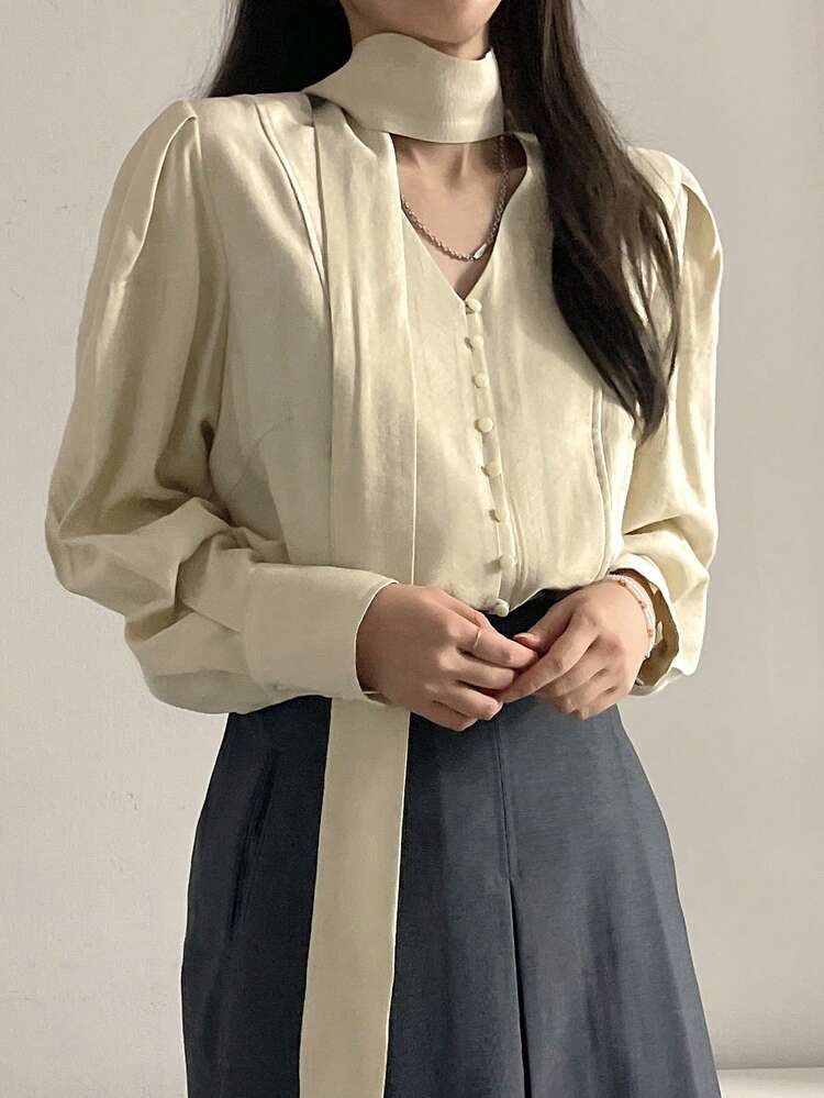 Women's Solid Color Long Sleeve Minimalist Commuter Top, Casual Daily Wear