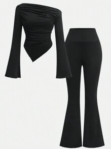 Girlism 青少年女孩 2 件套休闲灰色褶皱长袖修身针织上衣和喇叭裤套装，适合居家和户外、旅行装机场 - 黑色 - 查看 9