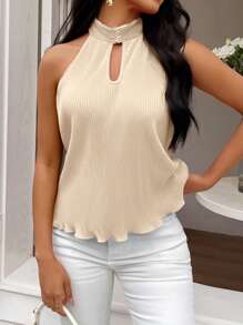 SHEIN Privé 女士立领无袖简约休闲镂空前褶皱背心 - 杏色 - 查看 5