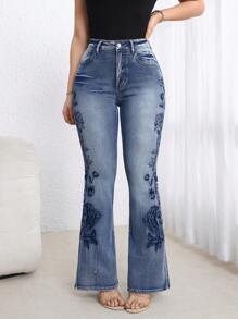 EMERY ROSE Pantalones vaqueros casuales de mujer con bolsillos delanteros con botones y bordados - Azul - Ver 4