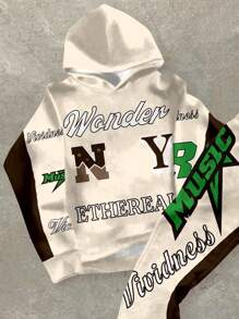 SHEIN Leap Crew Bộ 2 món áo hoodie và quần dài in họa tiết cổ điển tối giản cho bé trai tuổi mới lớn, phù hợp cho mùa thu/đông - Nhiều màu - Xem 3