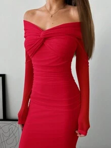 Aloruh Vestido romántico para mujer con hombros descubiertos, manga larga, malla trenzada y fruncido - Rojo - Ver 7