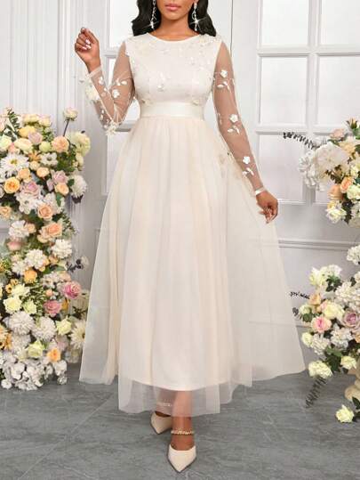 SHEIN Lady Vestido largo elegante para mujer con parche de encaje beige y flores tridimensionales, versátil para uso diario en el trabajo, apto para usar en todas las estaciones, perfecto para bodas y fiestas de San Valentín/Año Nuevo