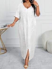 SHEIN Lady Plus Size V-neck Krótki rękaw Prosta Błyszcząca Rozcięta Maxi Sukienka Codzienna Walentynki Nowy Rok Impreza Sukienka Imprezowa Sukienki Na Imprezę Urodzinową Długa Sukienka Damska - Biały - Zobacz 3