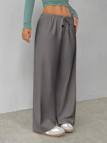 SHEIN VCAY 大码女式纯色抽绳腰直筒休闲裤 - 灰色 - 查看 5
