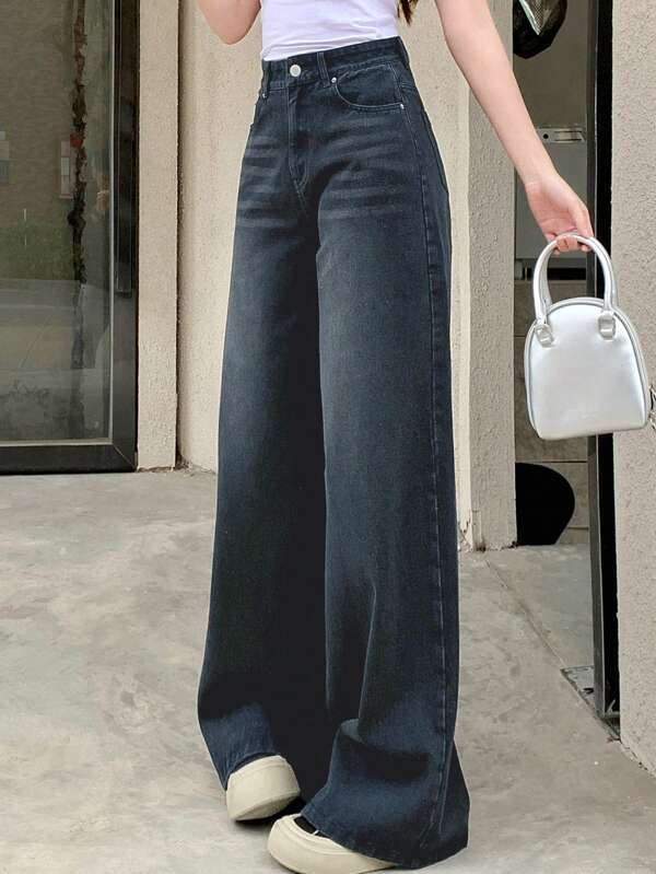DAZY Women's Front Button Pocket Casual Wide Leg Jeans Pants