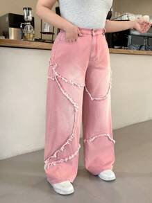 SHEIN EZwear Pantalones vaqueros informales sueltos de pierna ancha con bolsillos y bajo deshilachado para mujer de talla grande