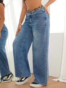 SHEIN PETITE Women's Casual Loose Fit Leopard Patchwork Wide Leg Jeans, Blue - Medium Wash - View 3