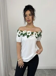 Elenzga Elegant Off Shoulder Ruffle Trim Short Sleeve Blouse