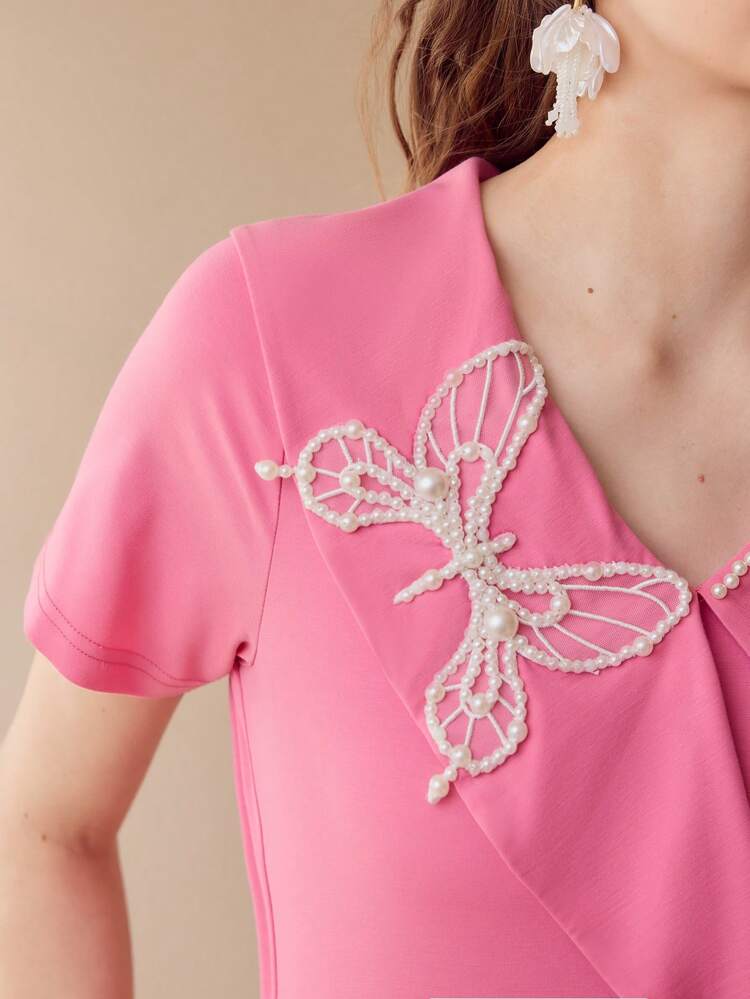 FAUX PEARL BUTTERFLY DECOR BLOUSE