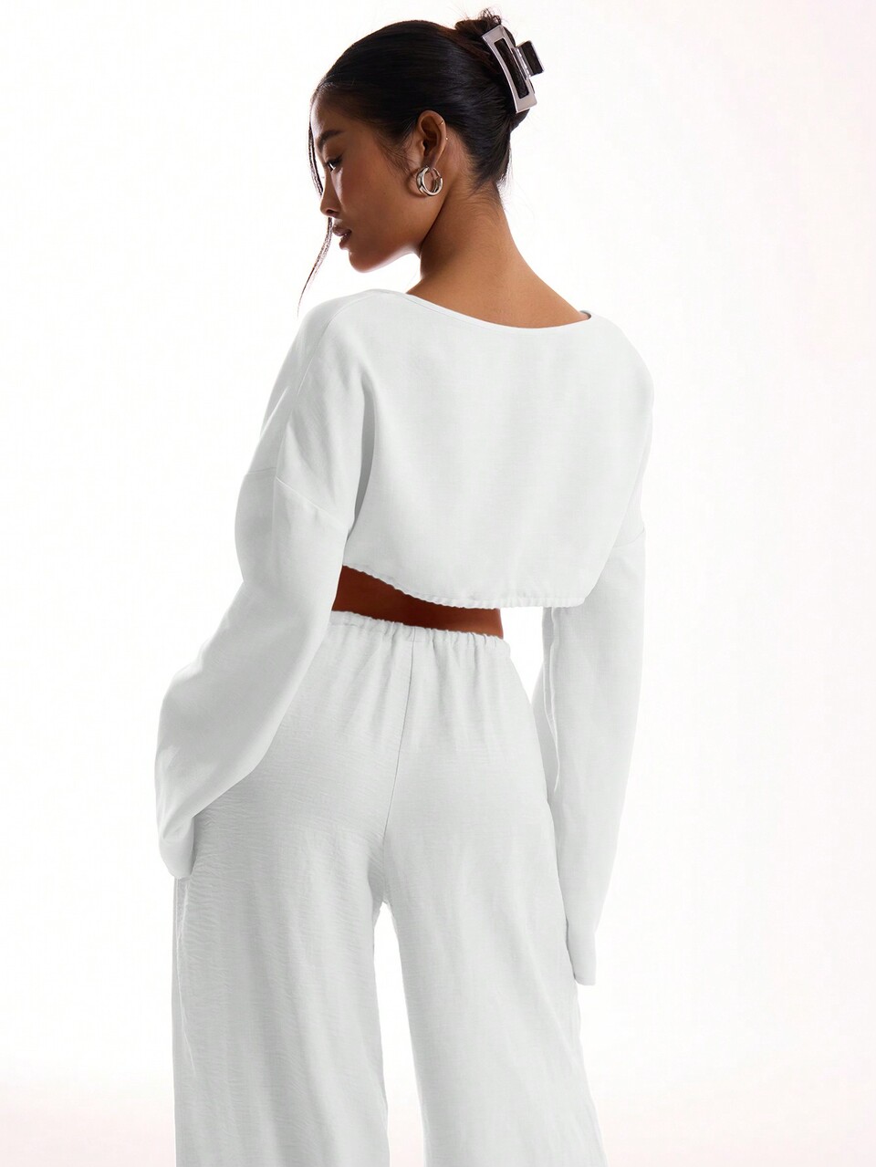 White Linen Feel Tie Front Wide Sleeve Beach Top
