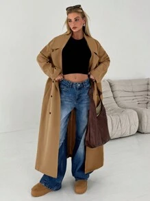 RueChic Women's Double-Breasted Shell Belt Long Over Long Trench Coat - Camel - View 6