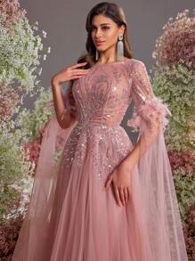 Glamrae Elegant & Luxurious Mesh Patchwork Long Sleeve Maxi Dress With Faux Pearl Beading & Sequins, Wedding Guest Dress, Suitable For Wedding, Party, Prom, Banquet, Vacation, Formal Dress, Evening Dress,Gown - Dusty Pink - View 7