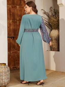 Al Najma Plus Size Asymmetrical Print Design Arabic Style Dress,Modest - Mint Green - View 2