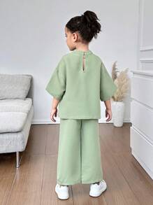 2 件套年轻女孩立领纯色上衣和长裤套装 - 綠色 - 查看 7