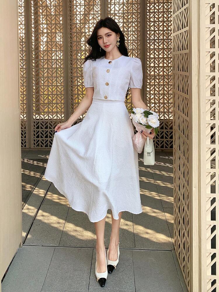 2pcs Women Textured Fabric Short Sleeve Vest And Skirt Set