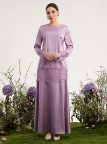 Graceveil Women's Solid Color Contrast Lace Long Sleeve Top And Mini Skirt Arabic Style Set - Purple - View 3