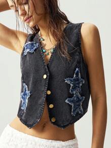 Bohemela 波西米亚牛仔风女式前扣无袖简约毛边牛仔拼接轻薄背心，休闲日常穿着 - 黑色 - 查看 2