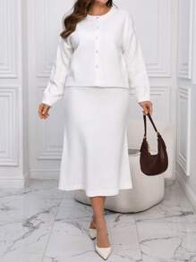 INAWLY Plus Size Women Solid Color Drop Shoulder Long Sleeve Knitted Cardigan And Knit Skirt Set, Autumn/Winter - White - View 4