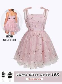 SHEIN CURVE+ 加大码/情人节/大码女式立体印花吊带春夏连衣裙，适合情人节和节假日穿着 - 粉色 - 查看 1