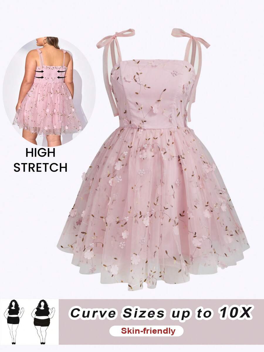 SHEIN CURVE+ 加大码/情人节/大码女式立体印花吊带春夏连衣裙，适合情人节和节假日穿着 - 粉色 - 查看 1