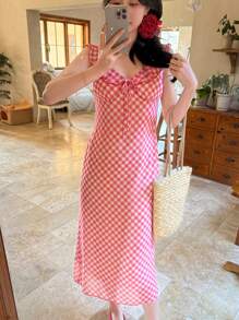 DAZY 女士 V 领荷叶边格子中长休闲连衣裙、挤奶女工连衣裙 - 紅色 - 查看 3