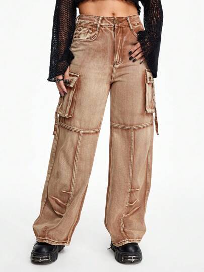 Grunge Punk Jeans a vita bassa, dritti e larghi, con effetto vissuto, in denim lavato color ruggine, con tasche a patta, in stile retrò Y2K