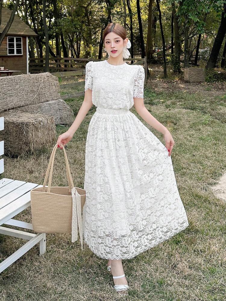 2 Pieces Set: Lace Round Neck Puff Sleeve Blouse & Skirt For Women