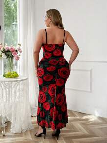 Flirla Completo da donna elegante e vintage taglie forti in 2 pezzi: canotta aderente a scollo a V con stampa floreale + gonna lunga plissettata in rete con stampa rosa e fondo a coda di pesce, perfetto per San Valentino - Multicolore - Visualizzare 2