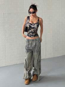 StreetHx 女式复古修身圆领无袖背心，带干叶印花，修身街头风格图案 T 恤女式上衣 - 鏽棕色 - 查看 3