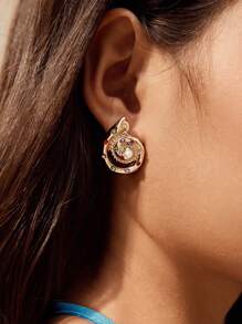 SHEIN BAE 海豚水晶钻与仿珍珠优雅简约休闲耳环 - 彩色 - 查看 1