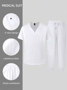 Manfinity Homme Men's Plain Color Short Sleeve Top And Long Pants Medical Care Outfit Set - White - View 1